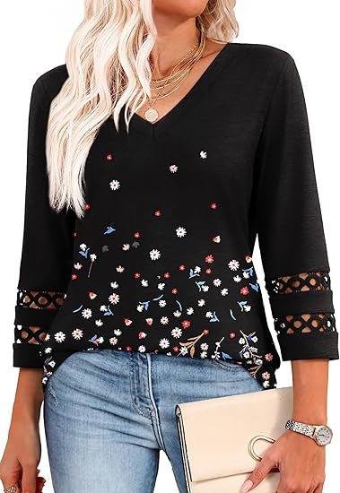 Solid Color Loose V-neck 34 Sleeves Women - Onouthati