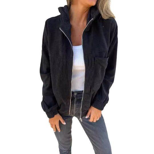 Women's Solid Color Simple Corduroy Hooded Jacket - Onouthati