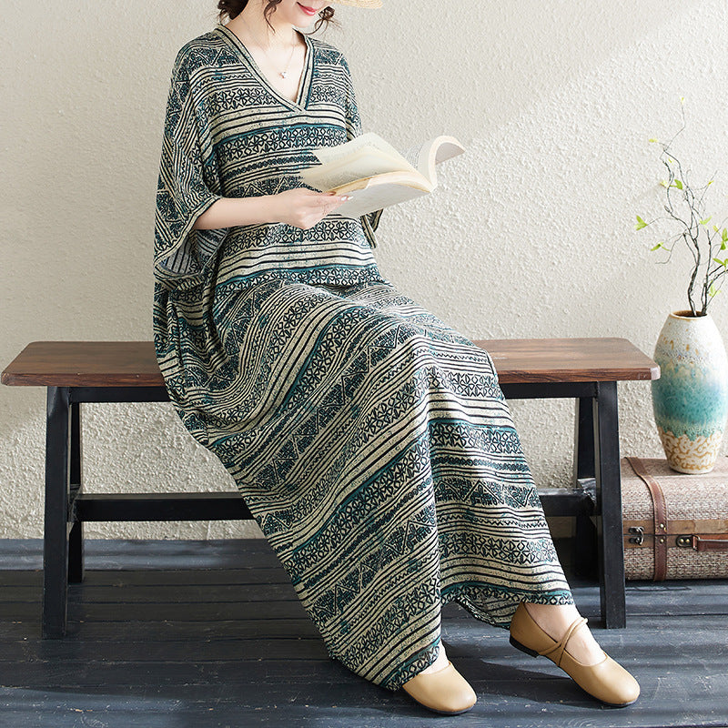 Ethnic Style V-neck Printed Striped Dress Women - Onouthati