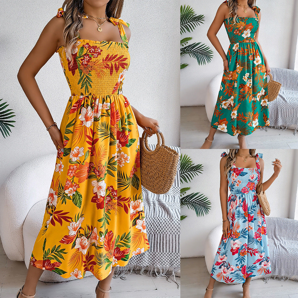 Flowers Print Suspender Corset Dress Ins Fashion Holiday Beach Long Dresses Summer Clothing For Women - Onouthati