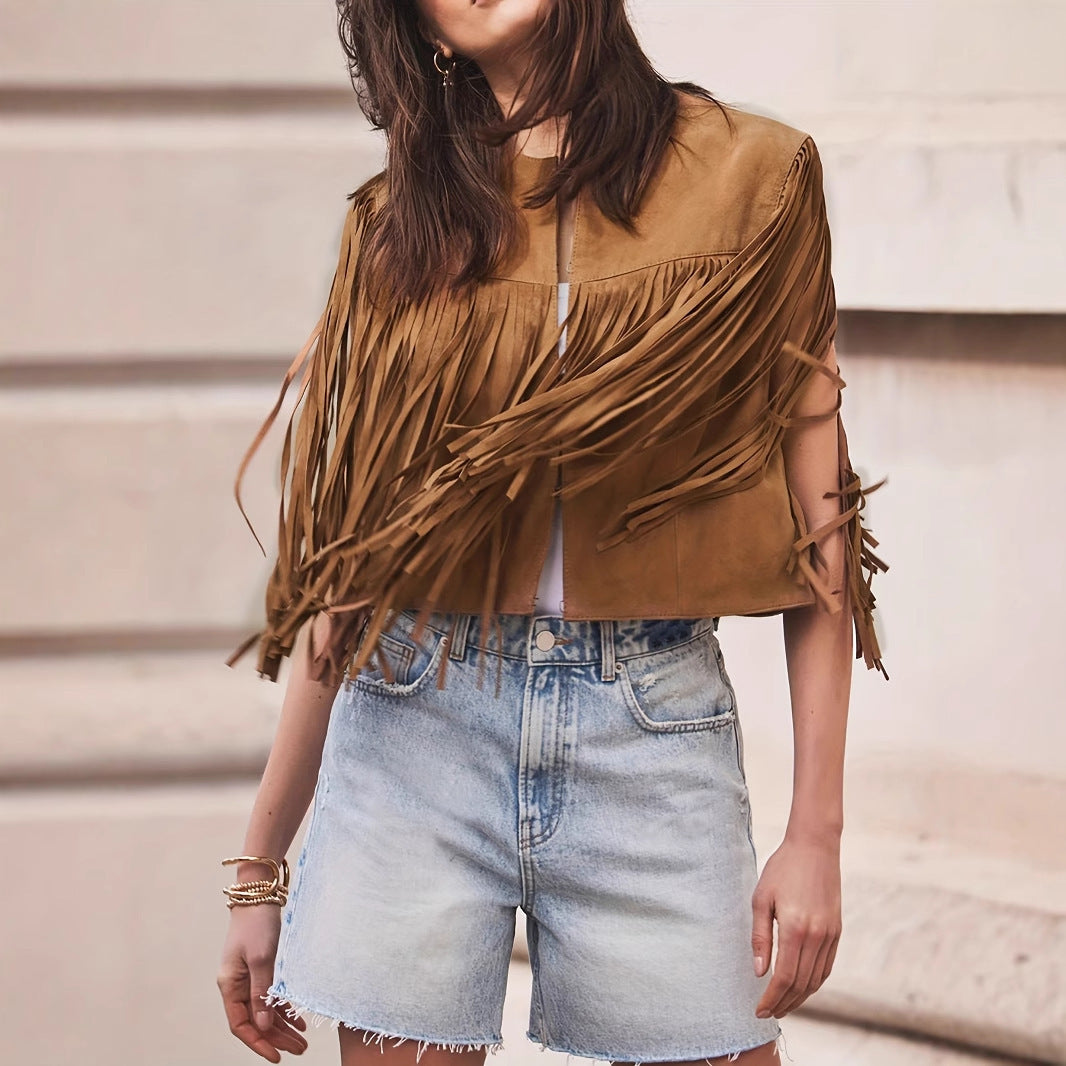 Women's Loose Temperament Tassel Sleeveless Short Jacket Solid Color Top - Onouthati