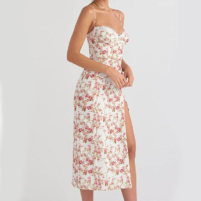 Lace Flowers Print Long Dress Sexy Fashion Slit Suspender Dress Summer Womens Clothing - Onouthati