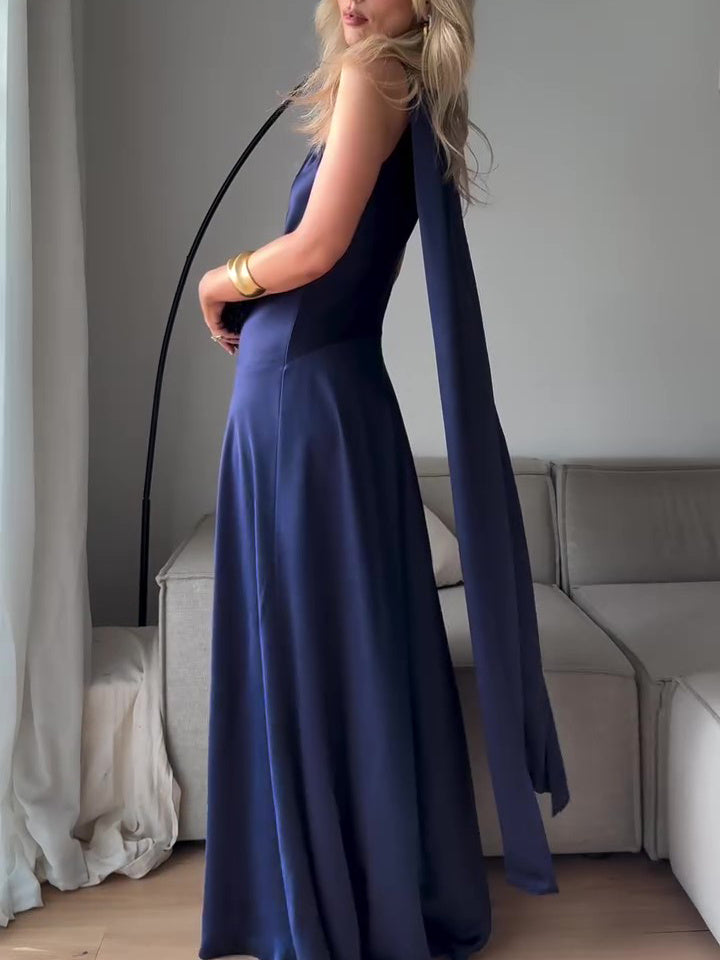 Royal Blue Satin Sleeveless Maxi Dress - Onouthati