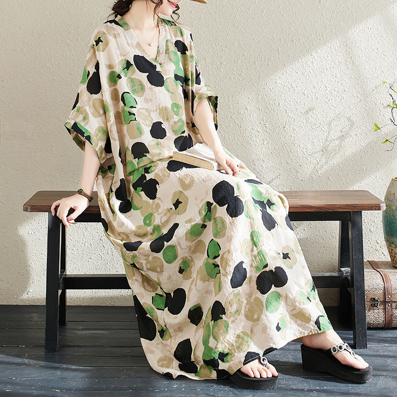 Ethnic Style V-neck Printed Striped Dress Women - Onouthati