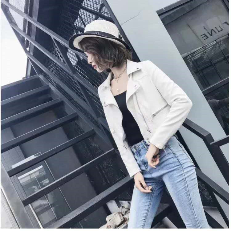 Motorcycle Leather Women's Short Slim Fit Plus Size Washed Leather Jacket - Onouthati
