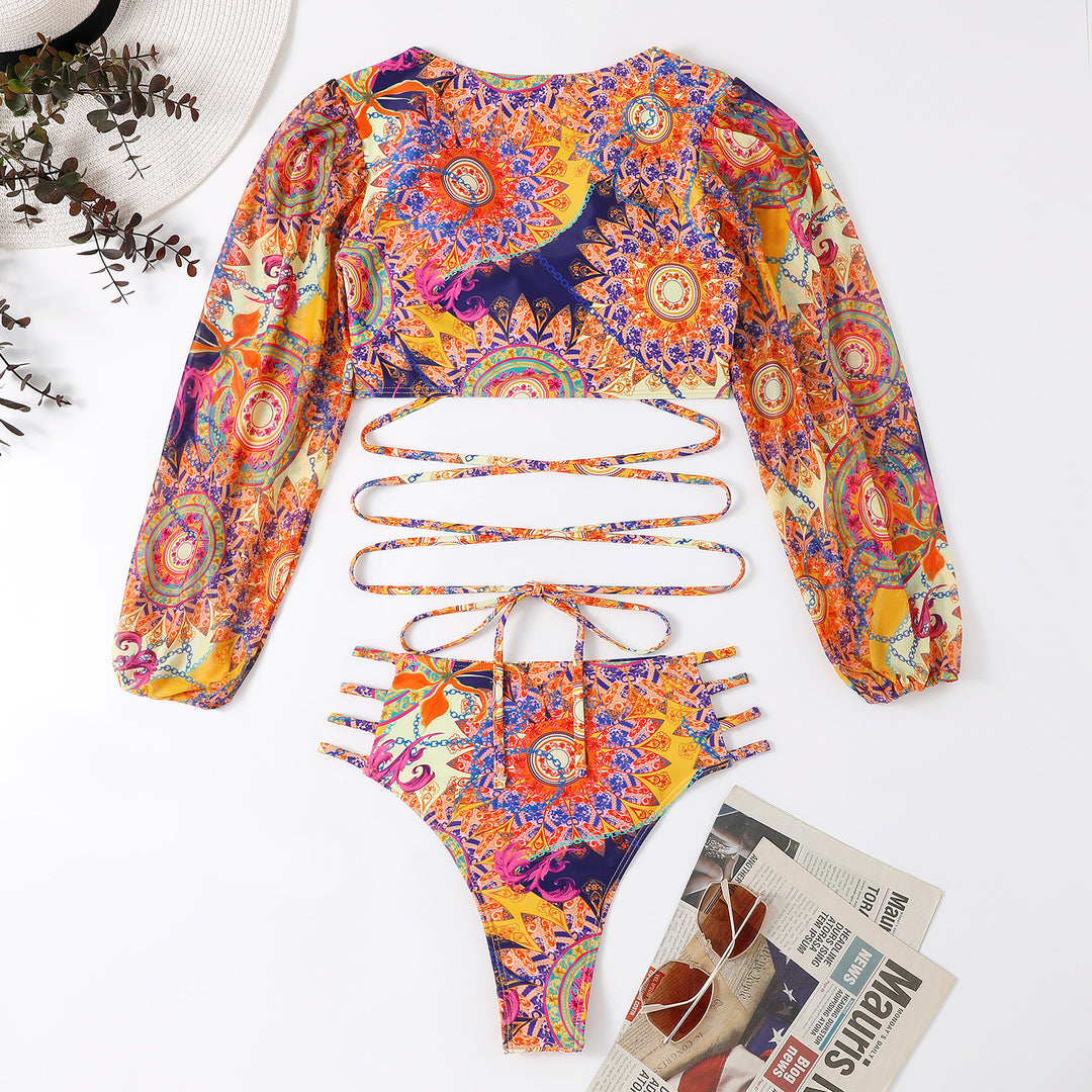 Mesh Long Sleeve Long Shoelace Bikini Swimsuit For Women - Onouthati
