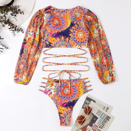 Mesh Long Sleeve Long Shoelace Bikini Swimsuit For Women - Onouthati