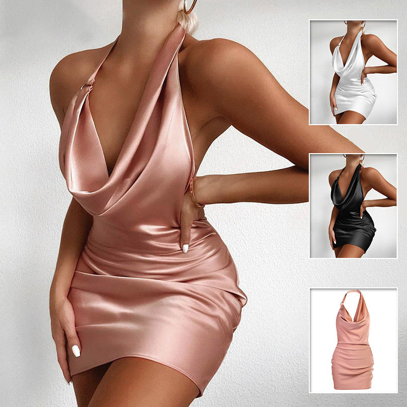 Satin Party Dress V Neck Backless Mini Sleeveless Summer Party Dress - Onouthati