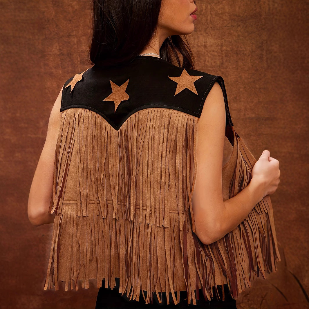 Women' Contrast Color Fringe Sleeveless Vest Jacket - Onouthati