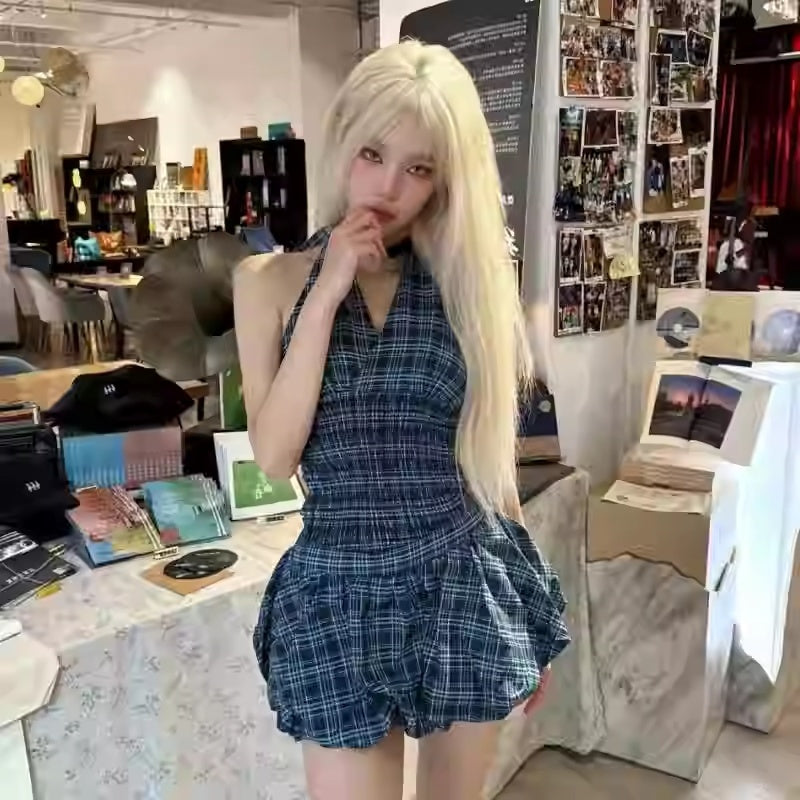 Navy Blue Plaid Top Suit Women - Onouthati