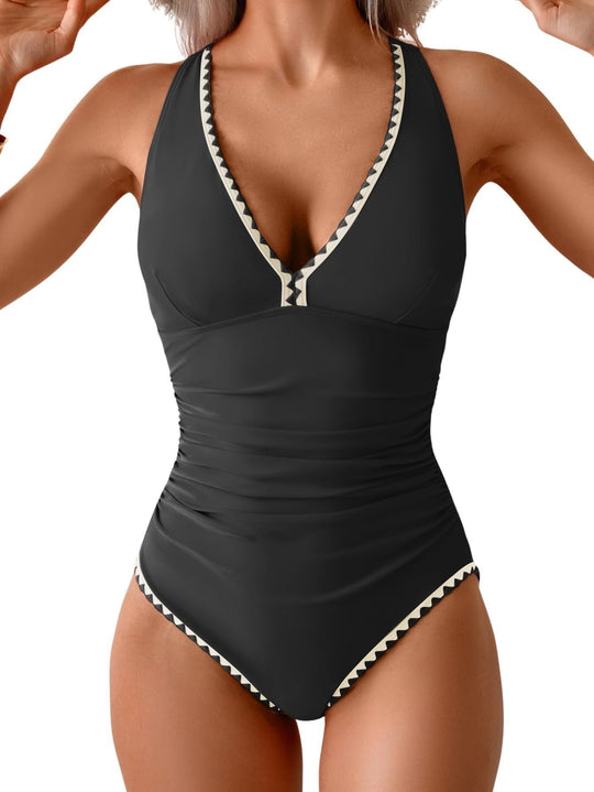 Women's One Piece Belly Contraction Pleated Push-up Lace-up Swimsuit - Onouthati