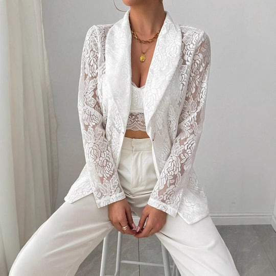 Lace Embroidery White Casual Blazer Women - Onouthati