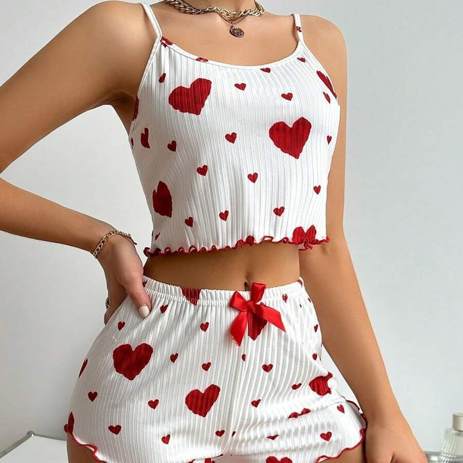 Heart Printing Suspender Shorts Casual Sunken Stripe Outerwear European And American Style Women Pajamas - Onouthati