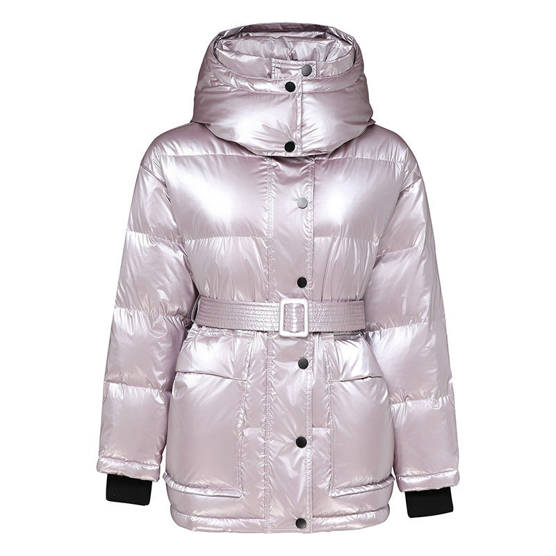 Winter Jacket Thick Mid-length Waist White Duck Down Jackets Slim Belt Silver Shiny Parka Women Coat - Onouthati