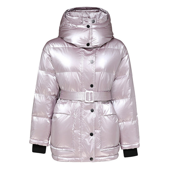 Winter Jacket Thick Mid-length Waist White Duck Down Jackets Slim Belt Silver Shiny Parka Women Coat - Onouthati