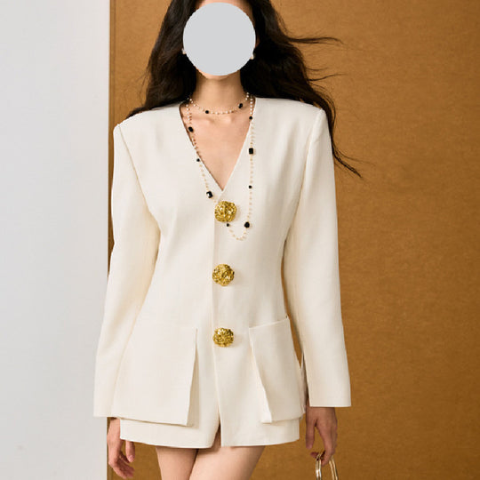 White Small Suit V-neck Embossed Metal Buckle Waist Trimming Coat Women - Onouthati