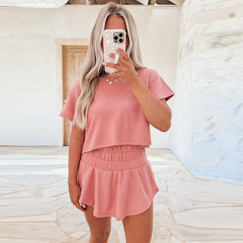 New Solid Color Short Sleeve Casual Suit Women