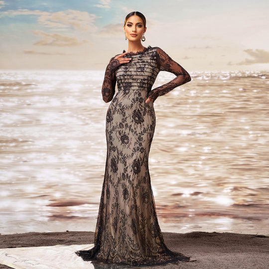 Long Sleeve Round Collar Gauze Sheath Fishtail Evening Dress - Onouthati