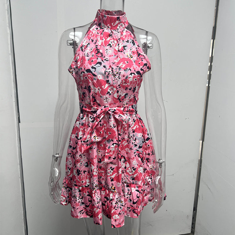 New Flowers Print Halterneck Dress Summer Fashion Temperament Lace-up Ruffled Dresses For Women - Onouthati