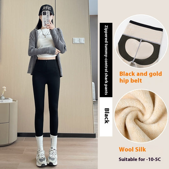 Belly-controlling Butt Lifting Leggings With Three-breasted Design Winter High Waist Slim Zippere Pants Warm Velvet And Thickened Trousers Women Clothing - Onouthati