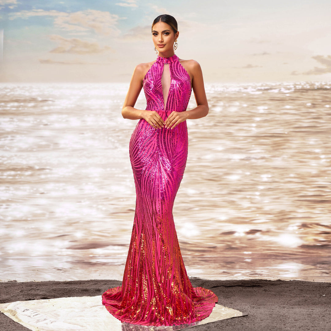 Round Neck Off-the-shoulder Slim-fit Sheath Sequined Banquet Fishtail Evening Dress - Onouthati