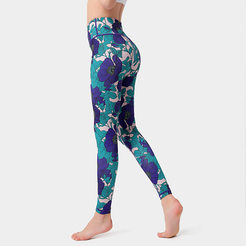 Fashion Flowers Print Leggings High Waist Hip Lifting Yoga Pants For Women Sports Running Fitness Trousers - Onouthati