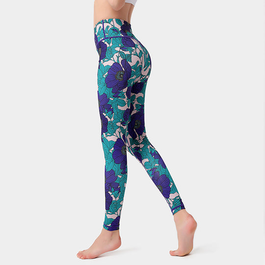 Fashion Flowers Print Leggings High Waist Hip Lifting Yoga Pants For Women Sports Running Fitness Trousers - Onouthati