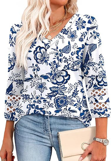 Solid Color Loose V-neck 34 Sleeves Women - Onouthati