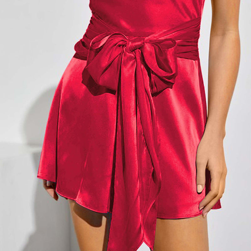 Halter Buckle Bare Back Satin Dress Women
