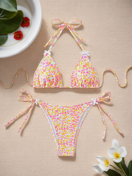 Women Printed Lace-up Bikini Split Swimsuit Swimwear - Onouthati