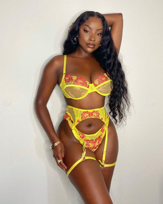 Sexy Sexy Lingerie Flower Embroidery Three-piece Female - Onouthati