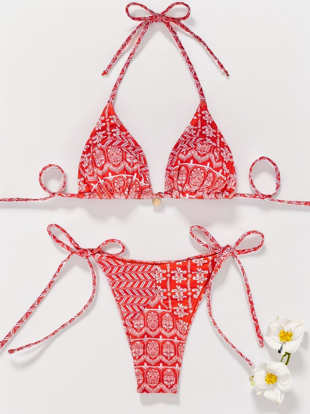 Women Printed Lace-up Bikini Split Swimsuit Swimwear - Onouthati