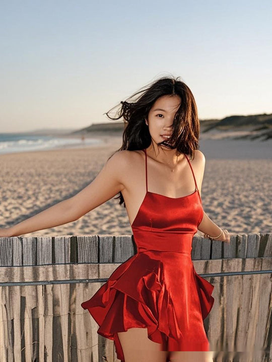 Sexy Backless Drawstring Pleated Mini Women Dress - Onouthati