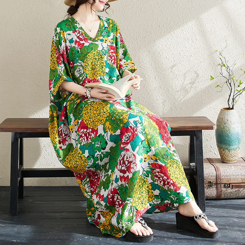 Ethnic Style V-neck Printed Striped Dress Women - Onouthati