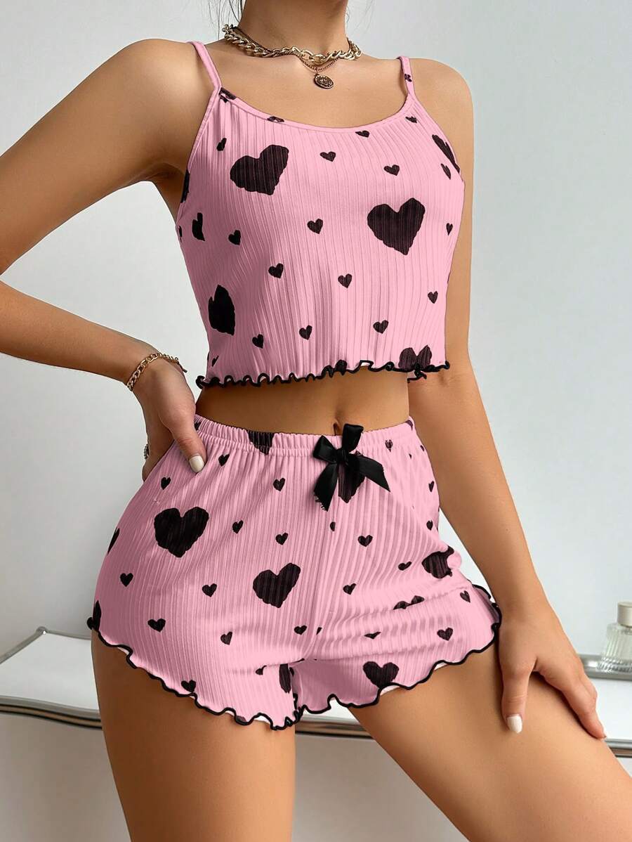 Heart Printing Suspender Shorts Casual Sunken Stripe Outerwear European And American Style Women Pajamas - Onouthati