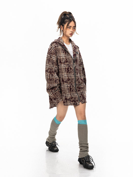 Retro Plaid Hooded Zip Jacket - Onouthati