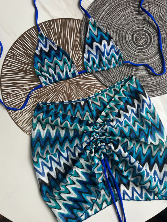 Knitting Bikini Skirt Three-piece Set Bikini Striped Swimsuit Bikini Women Swimw - Onouthati
