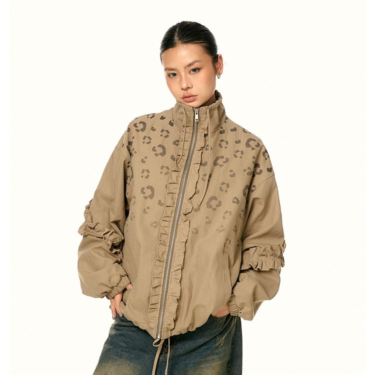 American Retro Stringy Selvedge Stand Collar Leopard Print Coat - Onouthati