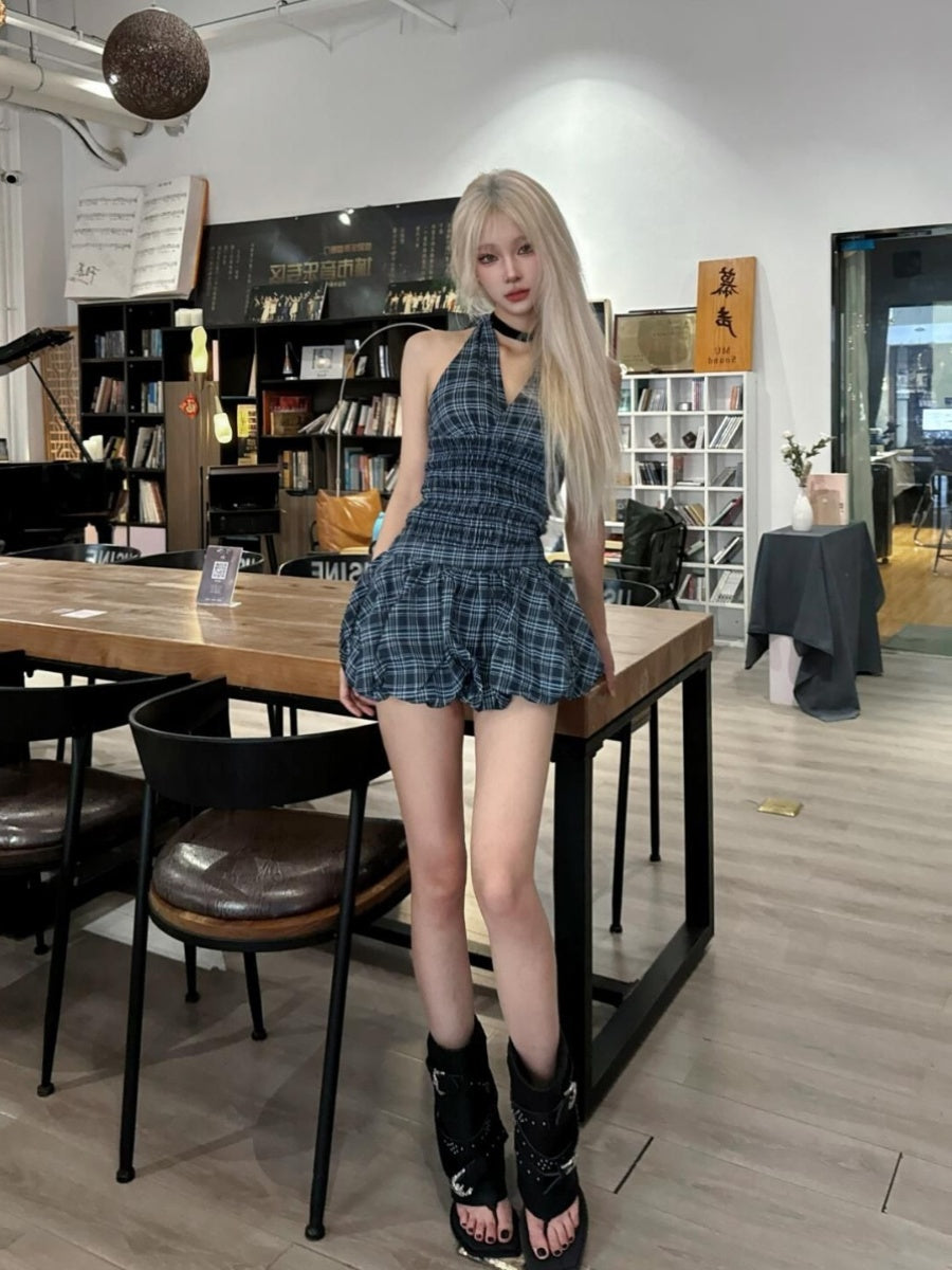 Navy Blue Plaid Top Suit Women - Onouthati