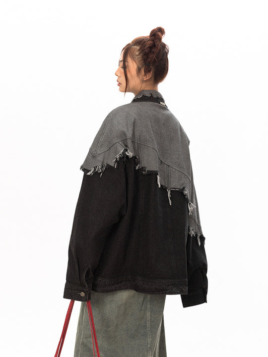 Stitching Design Contrast Color Damage Denim Coat - Onouthati