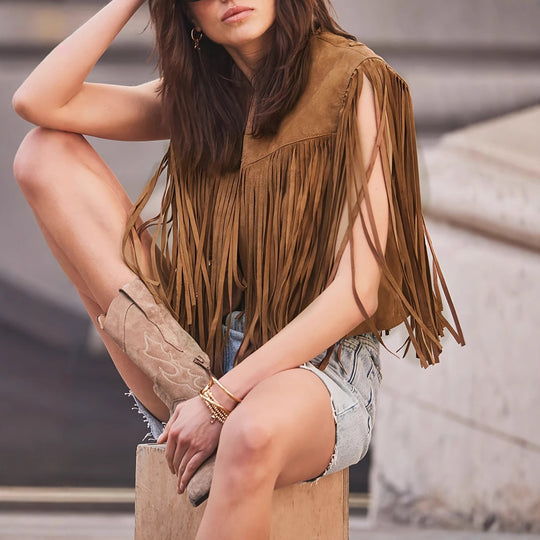 Women's Loose Temperament Tassel Sleeveless Short Jacket Solid Color Top - Onouthati