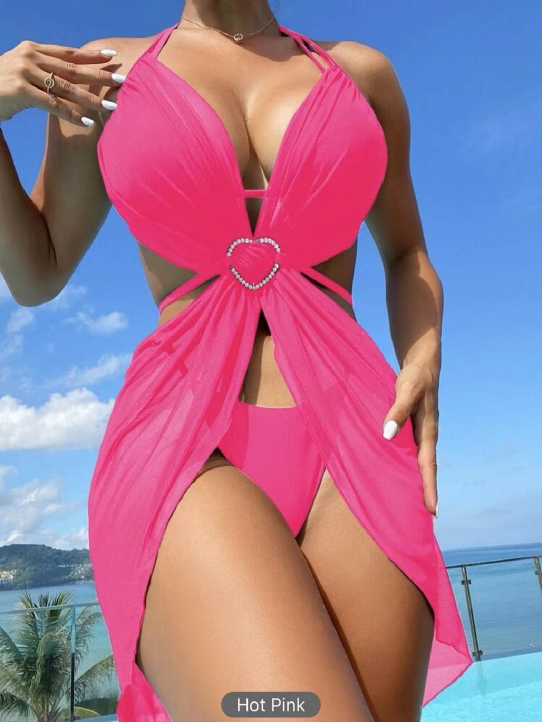 3pcs Halter Neck Bikini Beach Summer Solid Color Split Swimsuit Womens Clothing - Onouthati