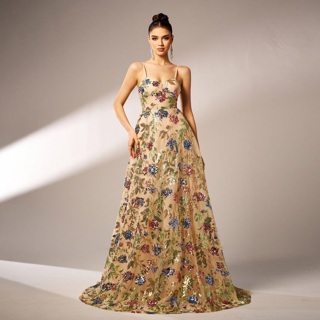 Elegant Sleeveless Sequined Suspender Evening Dress - Onouthati
