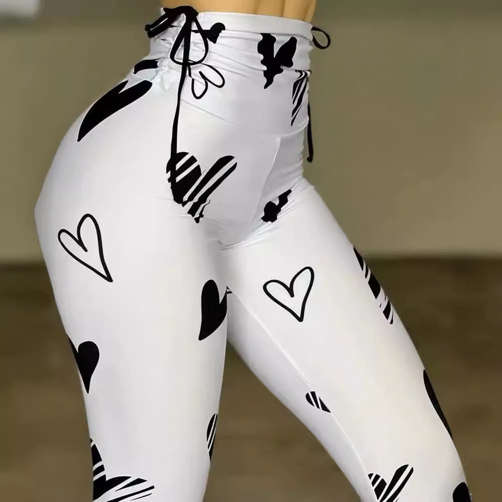 Drawstring Heart Print Yoga Sports Hip-hop Fitness Leggings - Onouthati