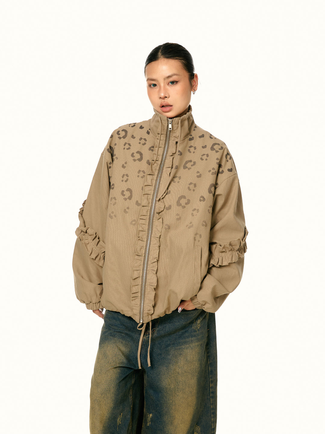 American Retro Stringy Selvedge Stand Collar Leopard Print Coat - Onouthati