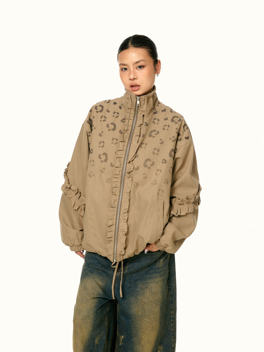 American Retro Stringy Selvedge Stand Collar Leopard Print Coat - Onouthati