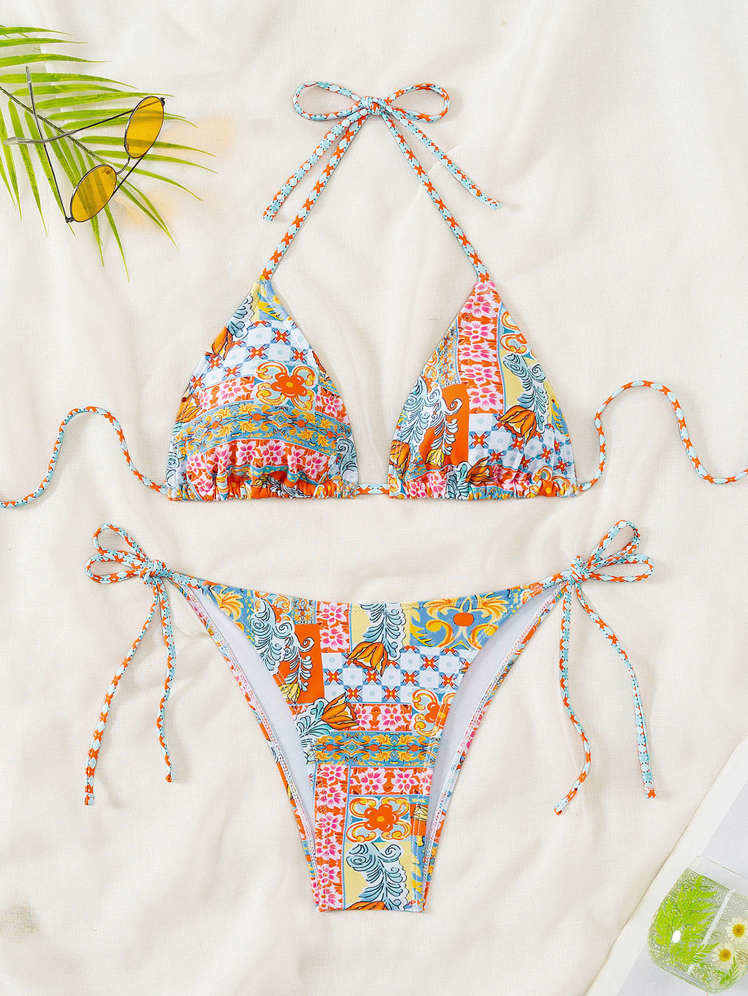 Women Printed Lace-up Bikini Split Swimsuit Swimwear - Onouthati