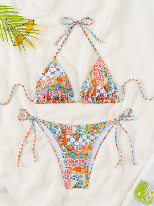 Women Printed Lace-up Bikini Split Swimsuit Swimwear - Onouthati