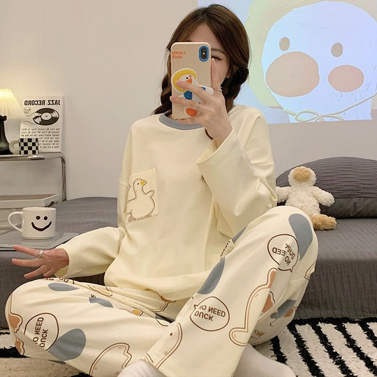 Cartoon Loose And Cute Long-sleeved Pajamas For Women Spring Autumn Set Casual Homewear Outerwear - Onouthati