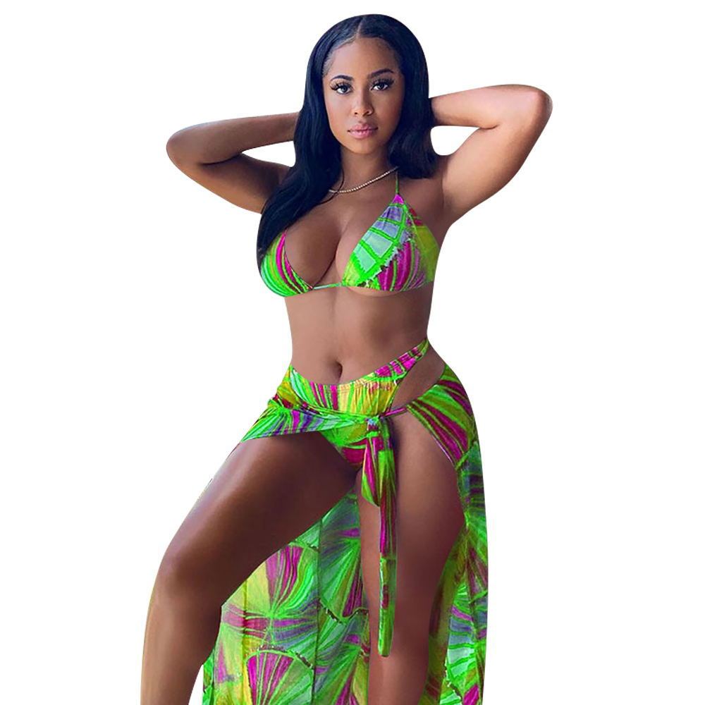 Split Swimsuit Summer Bikini Three-piece Print Beach Suit Swimming Sportswear - Onouthati